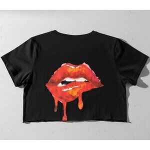 Y2K Windsor Wet red Lips Crop Top Tee Black dripping kiss Medium